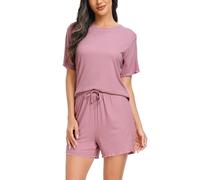 Vlazom Damen Schlafanzug Kurz Nachtwäsche Unifarbenes Pyjama-Set mit Rundhalsausschnitt mit Rüschensaum Sommer（XL,Rosa）