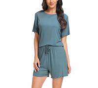 Vlazom Damen Schlafanzug Kurz Nachtwäsche Unifarbenes Pyjama-Set mit Rundhalsausschnitt mit Rüschensaum Sommer（XL,Dunkel Grün）