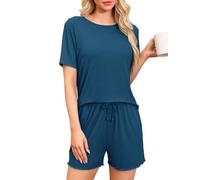 Vlazom Damen Schlafanzug Kurz Nachtwäsche Unifarbenes Pyjama-Set mit Rundhalsausschnitt mit Rüschensaum Sommer（S，Pfauenblau）