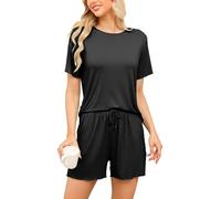 Vlazom Damen Schlafanzug Kurz Nachtwäsche Unifarbenes Pyjama-Set mit Rundhalsausschnitt mit Rüschensaum Sommer（XL,Schwarz）