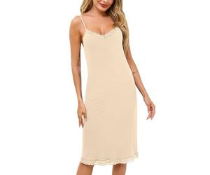Vlazom Damen Unterkleid Lang mit Spitze Modal Unterkleider Unterröcke Petticoat Sexy Negligee mit Trägern Nachthemd Sleepwear（L，Nude）