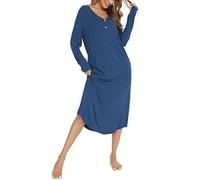 Vlazom Nachthemd Damen Langarm Schlafkleid V-Ausschcnitt Weich Umstandskleid Stillnachthemd Sleepshirt mit Taschen(L,Stil B-Kobaltblau)