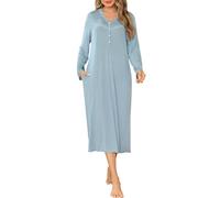 Vlazom Nachthemd Damen Langarm Schlafkleid V-Ausschcnitt Weich Umstandskleid Stillnachthemd Sleepshirt mit Taschen（XXL，Stil A-Blau）