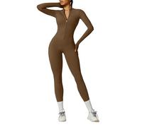 Vmhkjo Jumpsuit Damen Lang Eng Langarm Reißverschluss Overall Einteiler Yoga Bodycon Bodysuit Einteiler Romper Ganzkörperanzug,Braun,L