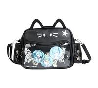 Vobomo Cat Ita Bag Rucksack für Schule, PU-Leder, adretter Rucksack für Mädchen, Y2k Sterne, einzelne Schultertasche, S, Schwarz, Kawaii