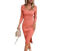 VOGMATE Strickkleid Damen Winter Langarm Kleid Sexy Herbstkleid Partykleid Midikleid Knit Bodycon Dress Pulloverkleid Orange XL