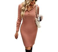 VOGMATE Strickkleid Damen Winter Langarm Kleid Sexy Herbstkleid Partykleid Midikleid Knit Bodycon Mini Dress Pulloverkleid Orange M