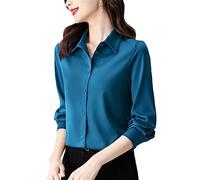 Vogrtcc Damen-Blusen Weich Faltenfrei Satin Vintage-Stil Einfarbig Langärmelig Hemden Mit Knöpfen Lässig Locker Büro-Oberteile