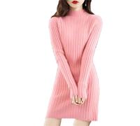 Vogrtcc Damen Kaschmir-Pulloverkleid, Stehkragen, langärmelig, gestreift, Pulloverkleid, schmale Passform, lässige Arbeitskleidung für Herbst, Pink-1, S