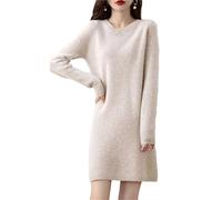 Vogrtcc Damen-Pulloverkleid aus Wolle, Rundhalsausschnitt, langärmelig, lässig, locker, Damen-Wollkleid für Business, Arbeit, Herbst, Strickpullover, beige, S
