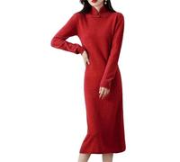 Vogrtcc Langes Kaschmir-Pulloverkleid für Damen, lässig, Business, schmale Passform, Strickkleid, Stehkragen, langärmelig, Arbeit, Herbstkleid, rot, L