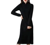 Vogrtcc Langes Kaschmir-Pulloverkleid für Damen, lässig, Business, schmale Passform, Strickkleid, Stehkragen, langärmelig, Arbeit, Herbstkleid, Schwarz , L