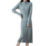 Vogrtcc Langes Kaschmir-Pulloverkleid für Damen, lässig, Business, schmale Passform, Strickkleid, Stehkragen, langärmelig, Arbeit, Herbstkleid, blau, XXS