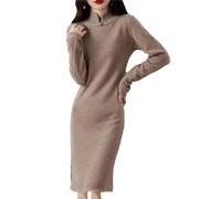 Vogrtcc Langes Kaschmir-Pulloverkleid für Damen, lässig, Business, schmale Passform, Strickkleid, Stehkragen, langärmelig, Arbeit, Herbstkleid, hellbraun, L