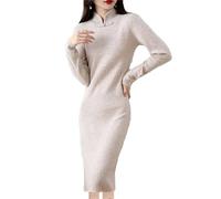 Vogrtcc Langes Kaschmir-Pulloverkleid für Damen, lässig, Business, schmale Passform, Strickkleid, Stehkragen, langärmelig, Arbeit, Herbstkleid, beige, M