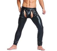 VOIV Sexy Herren Kunstleder Skinny Tight Hose Clubwear Nachtclub Hose Herren PU Leder Schwarz Tänzerin vorne offen Lange Hose
