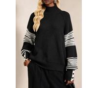 Volakebeing Damen Pullover Farbblock Langarm Mock Neck für Freizeit Damen | Stylish color-block pattern, modern mock neck design, perfect for casual summer outings