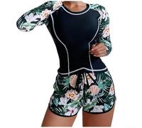 Volakebeing Zweiteiliger Damen-Badeanzug Langarm mit Split und Hose | Damen Zweiteiliges Badeanzug Set Langarm Mit Druck, UV-Schutz Quadratische Shorts, Elastischer Regular Fit