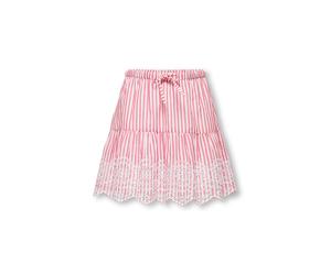 Volantrock KIDS ONLY "KOGBONDI LIFE EMB SKIRT WVN", Mädchen, Gr. 152, rosa (barbados cherry stripes:cloud dancer), Web, Obermaterial: 100% Baumwolle, gestreift, kniefrei, Röcke Volantrock, mit Spitzen