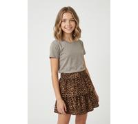 Volantrock NAME IT "NKFVINAYA SKIRT FFF NOOS", Mädchen, Gr. 116, braun (schwarz aop:leo), Web, Obermaterial: 98% Polyester, 2% Elasthan, bedruckt, kurz, Röcke Volantrock, Kunstfaser, Stretch, Allover