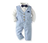 Volunboy Baby Anzug Jungen Anzugweste Hemd mit Fliege für Festlich Hochzeit Bekleidung Set 4tlg（18-24 Monate，Blau-Plaid，Größe 90）