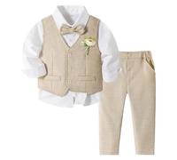 Volunboy Baby Jungen Anzug, Kinder Anzugweste Festliche Hochzeit Kleidung Bekleidung Set 4tlg (12-18 Monate, Helles Khaki, Größe 80)