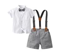 Volunboy Baby Jungen Anzug Set Bekleidung Hemd mit Fliege + Hosenträger Shorts Strampler Anzug(9-12 Monate,WeißGrau,Größe 70)