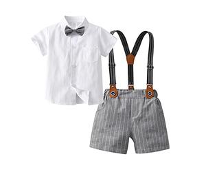 Volunboy Baby Jungen Anzug Set Bekleidung Hemd mit Fliege + Hosenträger Shorts Strampler Anzug(9-12 Monate,WeißGrau,Größe 70)