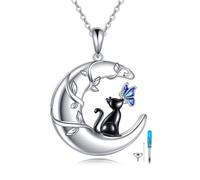 VONALA Mond und Katze Urne Damen ling Silber Schwarze Katze Halskette Blau Schmetterling Katze Schmuck Geschenke Geburtstag Geschenke für Frauen Katze Liebhaber Frau (Mond und Katze Urne)