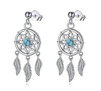 VONALA Traumfänger Ohrringe für Damen Mädchen Sterling Silber Türkis/Mondstein/Kristall Feder Tropfen Ohrhänger Boho Schmuck Geschenk für Damen Teenager Mädchen