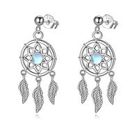 VONALA Traumfänger Ohrringe für Damen Mädchen Sterling Silber Türkis/Mondstein/Kristall Feder Tropfen Ohrhänger Boho Schmuck Geschenk für Damen Teenager Mädchen