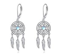 VONALA Traumfänger Ohrringe Silber 925 Hängend Boho Feder Mondstein Hänger | Traumfänger Tropfen Ohrhänger Schmuck Abschluss Geschenk für Damen