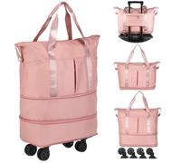 VOOWO Reisetasche mit Rollen, erweiterbar, faltbar, mit Rollen für Reisen, Rollgepäck, Handgepäck, Reisetasche, große Wochenendtasche für Damen und Herren, Rose, Erweiterbare Reisetasche mit Rollen