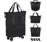 VOOWO Reisetasche mit Rollen, erweiterbar, faltbar, mit Rollen für Reisen, Rollgepäck, Handgepäck, Reisetasche, große Wochenendtasche für Damen und Herren, Schwarz, Erweiterbare Reisetasche mit