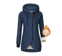 Voqeen Kapuzenpullover Damen Lange Zipper Hoodie Damen Sweatjacke Herbst Winter Jacke Pullovermit Fleecefutter（Marineblau,S）