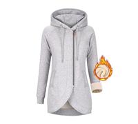 Voqeen Kapuzenpullover Damen Lange Zipper Hoodie Damen Sweatjacke Herbst Winter Jacke Pullovermit Fleecefutter (Hellgrau,XXL)
