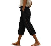 Voqeen Leinenhose Damen Kordelzug Elastische Taille 3/4 Caprihose Damen Sommer Leichte Dreiviertel Hose Mit Taschen Lässige Palazzo Hose Hohle Stoffhose für Frauen