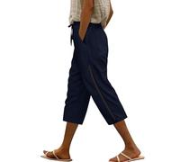 Voqeen Leinenhose Damen Kordelzug Elastische Taille 3/4 Caprihose Damen Sommer Leichte Dreiviertel Hose Mit Taschen Lässige Palazzo Hose Hohle Stoffhose für Frauen