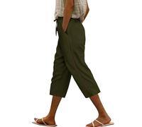 Voqeen Leinenhose Damen Kordelzug Elastische Taille 3/4 Caprihose Damen Sommer Leichte Dreiviertel Hose Mit Taschen Lässige Palazzo Hose Hohle Stoffhose für Frauen