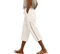 Voqeen Leinenhose Damen Kordelzug Elastische Taille 3/4 Caprihose Damen Sommer Leichte Dreiviertel Hose Mit Taschen Lässige Palazzo Hose Hohle Stoffhose für Frauen