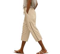 Voqeen Leinenhose Damen Kordelzug Elastische Taille 3/4 Caprihose Damen Sommer Leichte Dreiviertel Hose Mit Taschen Lässige Palazzo Hose Hohle Stoffhose für Frauen