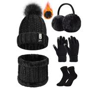 Voqeen Wintermütze Mütze Schal Handschuhe Set Damen Fleecefutter Strickmütze mit Pompon Touchscreen Handschuhe Weiche Wärmer Winter Ohrenschützer Socken Geschenke 5 Sets für Frauen (Schwarz)