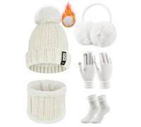 Voqeen Wintermütze Mütze Schal Handschuhe Set Damen Fleecefutter Strickmütze mit Pompon Touchscreen Handschuhe Weiche Wärmer Winter Ohrenschützer Socken Geschenke 5 Sets für Frauen (Weiß)