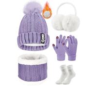 Voqeen Wintermütze Mütze Schal Handschuhe Set Damen Fleecefutter Strickmütze mit Pompon Touchscreen Handschuhe Weiche Wärmer Winter(Violett)