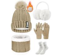 Voqeen Wintermütze Mütze Schal Handschuhe Set Damen Fleecefutter Strickmütze mit Pompon Touchscreen Handschuhe Weiche Wärmer Winter(Hellbraun)