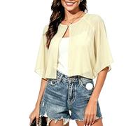 Vossmi Chiffon Casual Bolero für Damen Jäckchen Damen Festlich Transparente Kurzarm Lässiger Chiffon Schal mit Knöpfen Elegant Shrug Top Kurze Bolerojacke Champagner