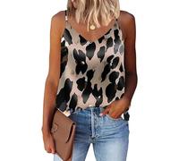 Vossmi Damen Raso Shirt Ärmelloses Satin Tank Top Mode Blusen V-Ausschnitt Cami Tops Verstellbare Spaghetti Bluse Top T-Shirt(Leopard,M)