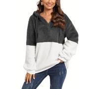 Vossmi Hoodie Damen Winter Kapuzenpullover Langarmshirt Flauschiger Warme Pullover Teddyjacke Sweatshirts mit Taschen Sweatjacke Loose Pulli Oberteile Schwarz-Weiß,M