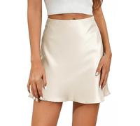 Vossmi Kurz Satin Rock für Damen Casual A-Linie Röcke Kurzer Minirock Lässig Seide Rock Hohe Taille Elegant Satinrock Bodycon Freizeit Skirt Frühling Weiß,XL