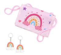 VOSSOT Brustbeutel Kinder Mädchen mit Sicherheitsverschluss, Süßes Umhänge Portemonnaie Kinder mit Regenbogen Motiv & Schlüsselanhänger, Geldbeutel Mädchen für Kindergarten Schule Reis